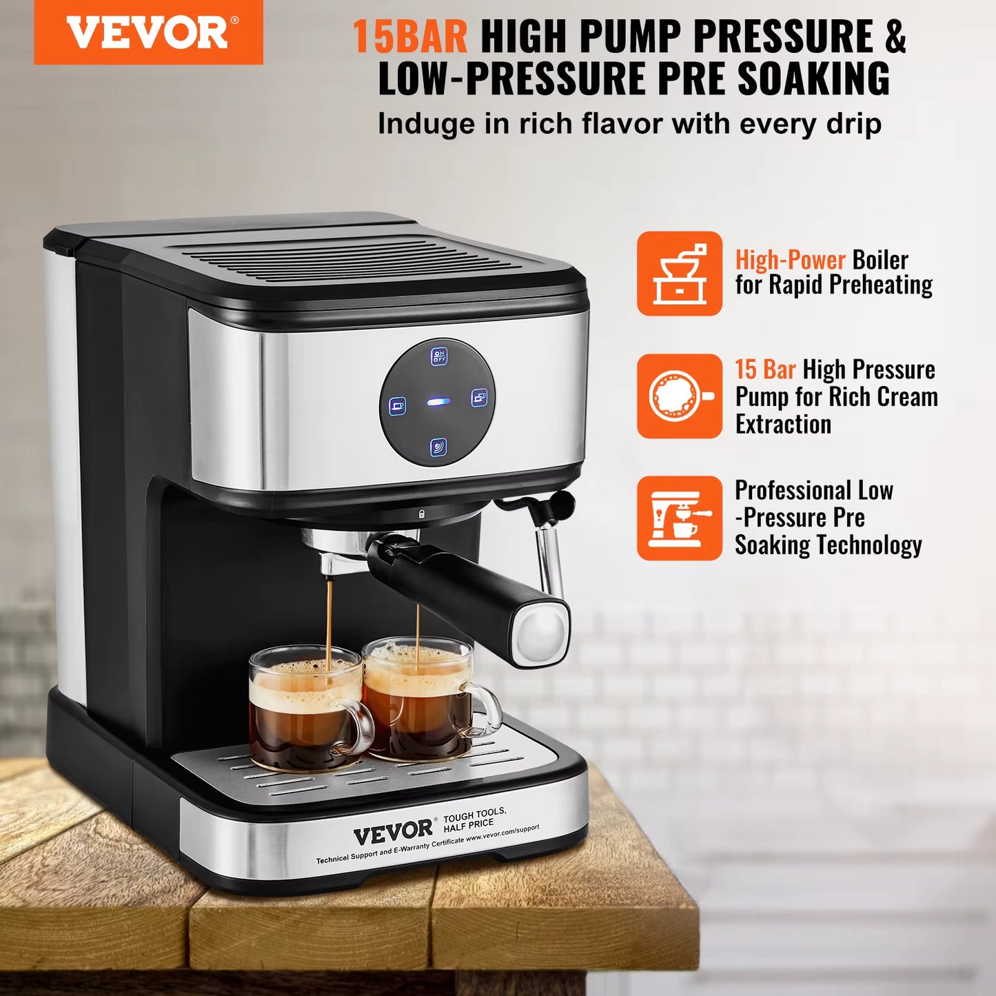 Espresso Machine 15 Bar Coffee and Espresso Maker with Milk Frother Steam Wand Professional Semi-Automatic Latte Machine