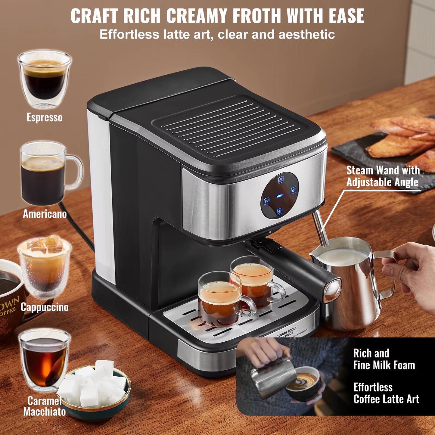 Espresso Machine 15 Bar Coffee and Espresso Maker with Milk Frother Steam Wand Professional Semi-Automatic Latte Machine