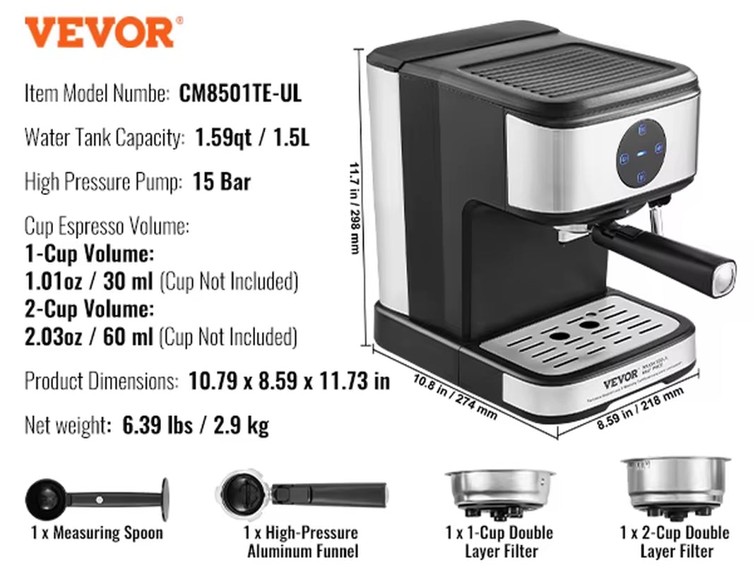 Espresso Machine 15 Bar Coffee and Espresso Maker with Milk Frother Steam Wand Professional Semi-Automatic Latte Machine