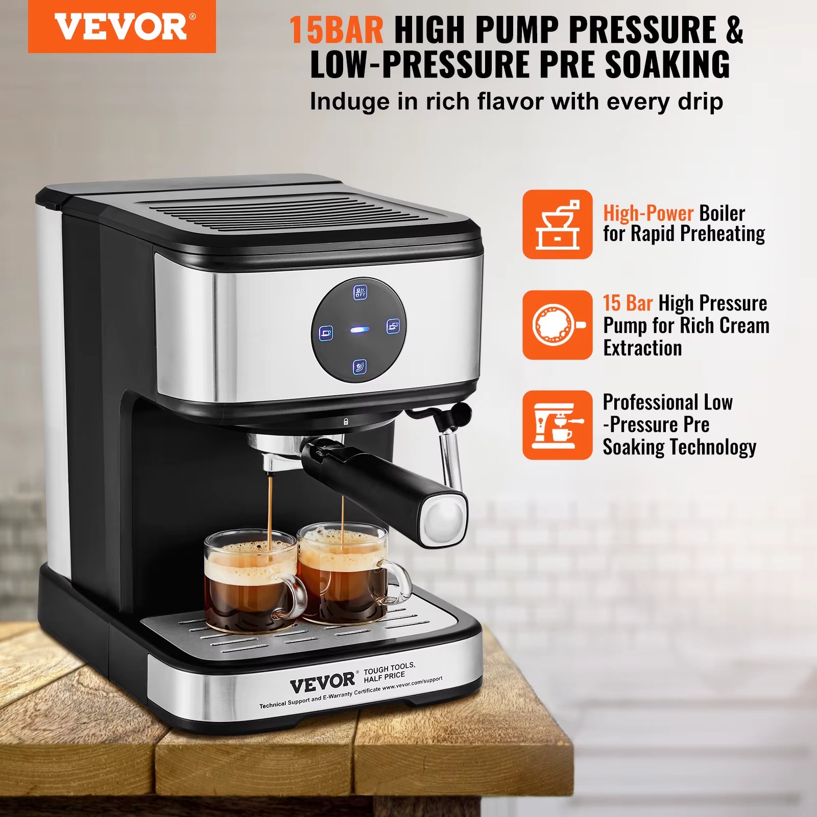 Espresso Machine 15 Bar Coffee and Espresso Maker with Milk Frother Steam Wand Professional Semi-Automatic Latte Machine