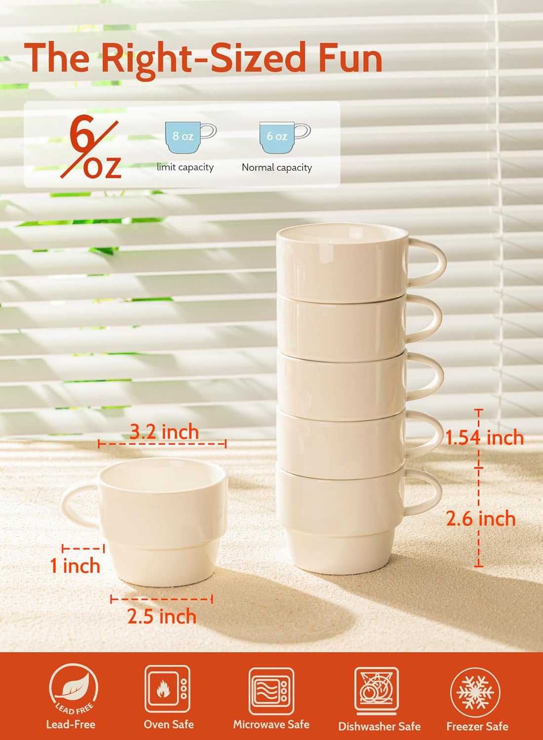 6-Pack Porcelain Latte Cups, White Superior Durable Professional, 6 Count (Pack of 1)